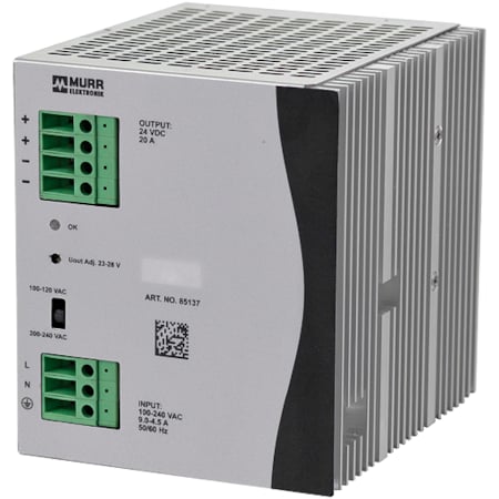 Murrelektronik ECO-RAIL-2 POWER SUPPLY 1-PHASE, IN: 90 . 132 VAC / 173 - 264 VAC OUT: 24V/20ADC 85137